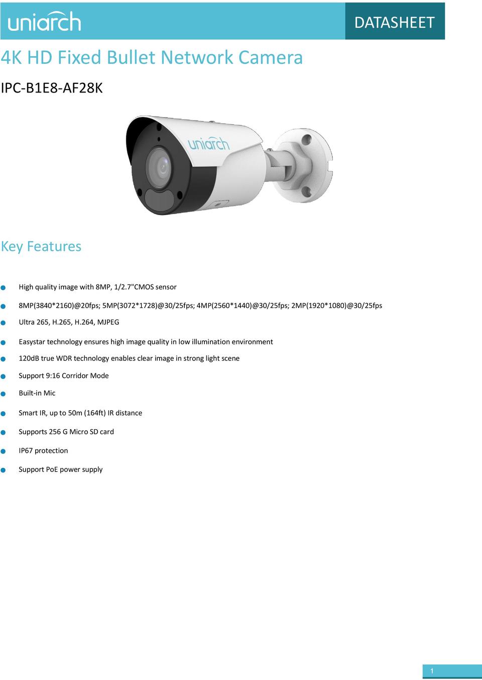 Uniarch IPC-B1E8-AF28K 8MP Starlight Mini Bullet with Mic & 2.8mm Lens 0